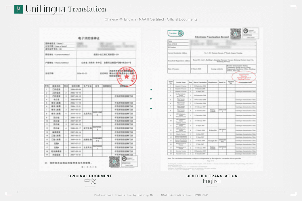 Example of a translated electronic vaccination record